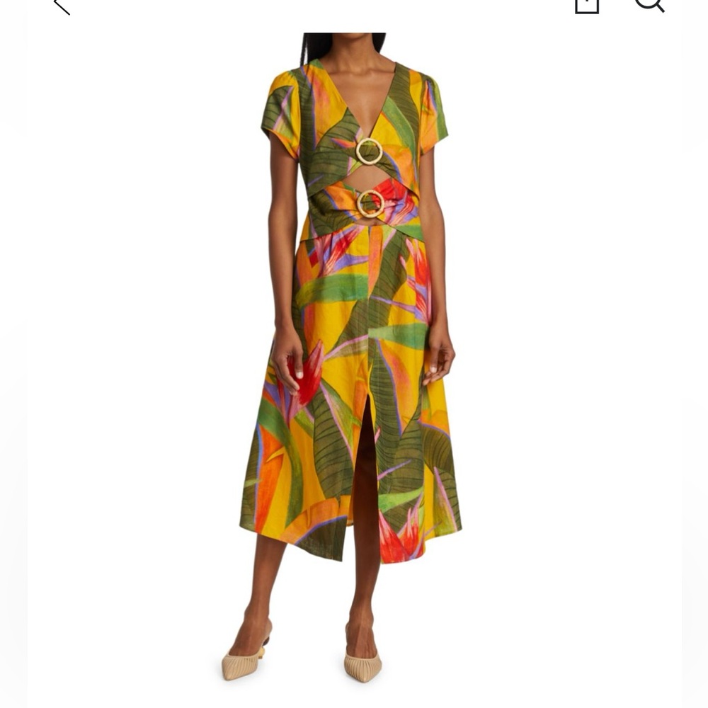 FARM Rio Yellow garden leafy dress. Cut out with bamboo buckles size M